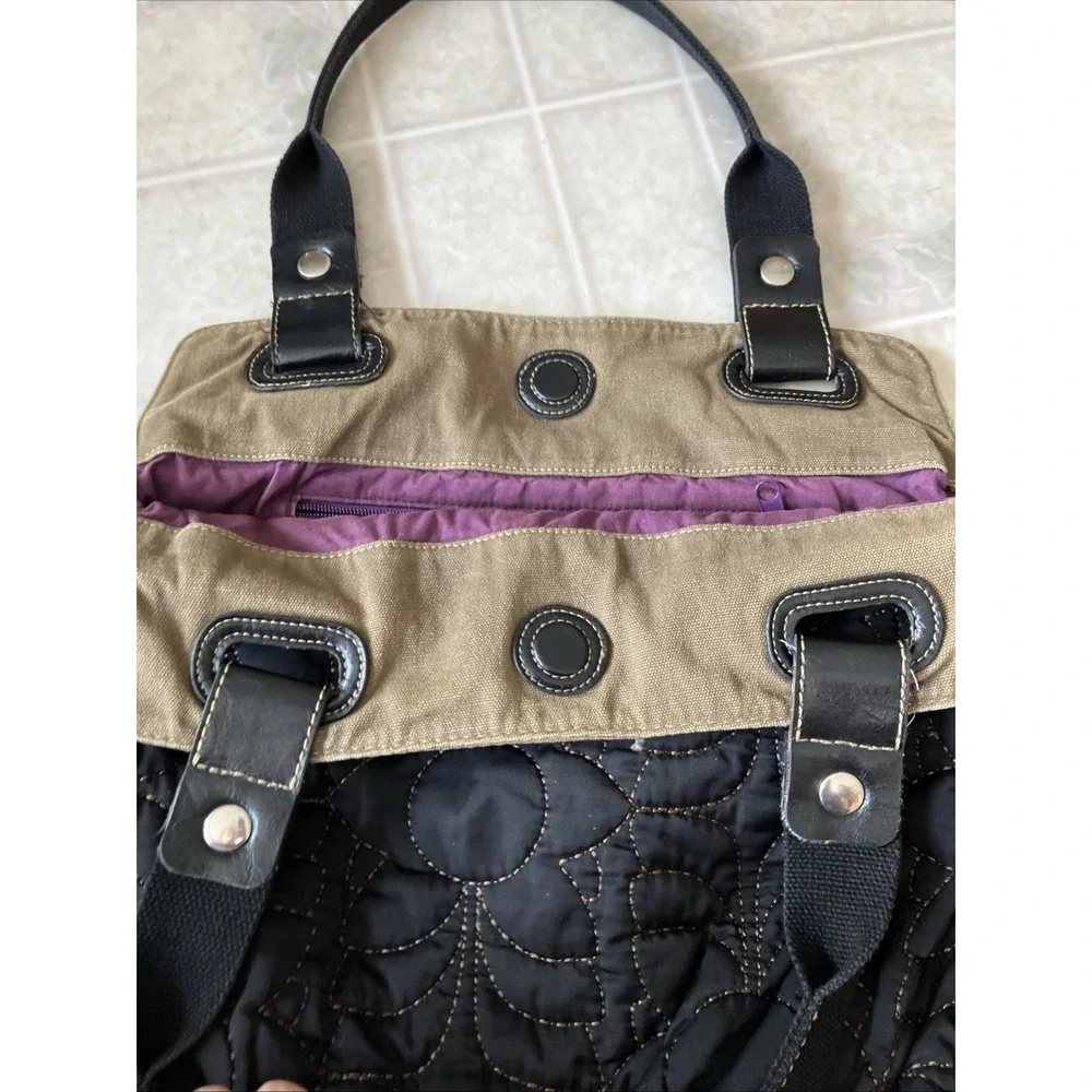 Fossil Key Per Purse Quilted Black Nylon Leather Tote Shoulder Bag Large‎